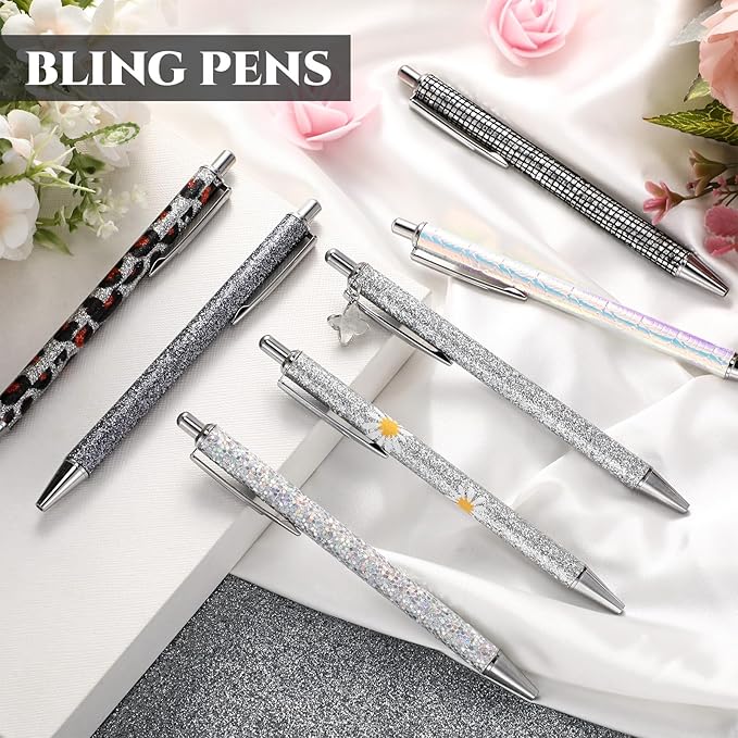 Sherr 7 Pcs Fancy Pens for Women Cute Sparkly Glitter Pens with 10 Pcs Black Ink Refills Pretty Gifts for Girls Office School Christmas Graduation(Silver,Bright)