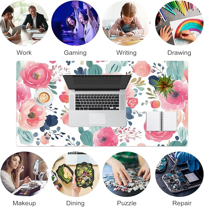 Colorful Star Large Mouse Pad, Pink Floral Desk Mat for Desktop, Women Girls PU Leather Waterproof Gaming Mousepad, Computer PC Laptop Protector Writing Pads for School Office Home 31.5" x 15.7"