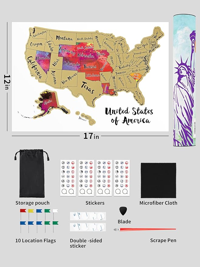 JARLINK Scratch Off USA Map Poster, 12x17 inches United States Map with Unique Accessories Set, Personalized Travel Poster, Gift for Travelers