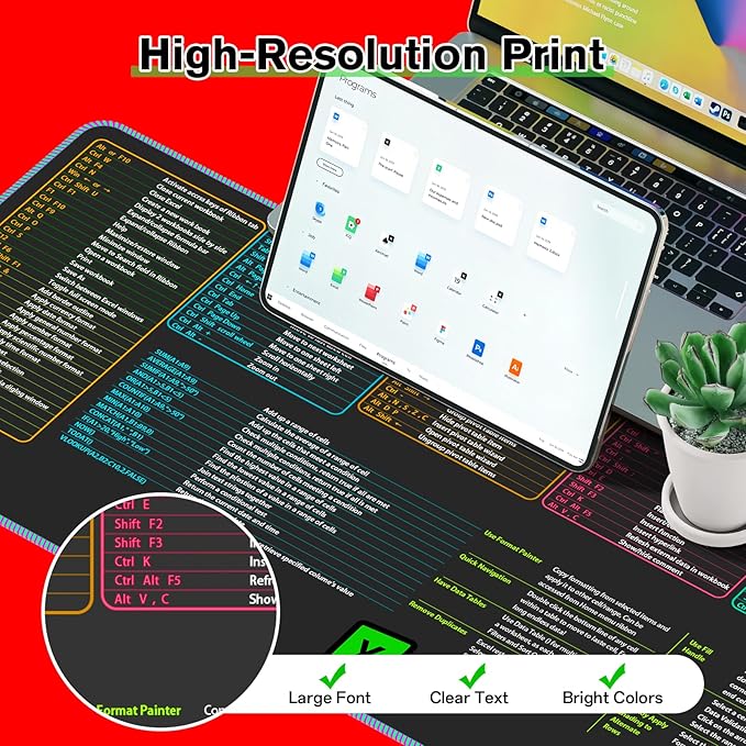 Large Excel Cheat Sheet Desk Pad, 31.49" x 11.81" Cheat Table Gaming Mousepad, Over 150 Excel Shortcuts, Non-Slip Sewn Edge, Suitable for Office Use, Employee Appreciation Gift