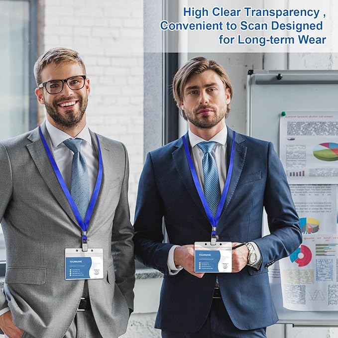 100 Pcs Lanyards for ID Badges and 100 Pcs Clear Name Tag Holders Reusable Lanyard with Clip Plastic ID Card Badge Holder Name Badges for Adults Kids Business School Office Supplies (Blue)