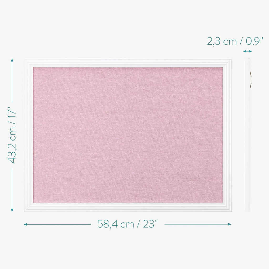 Navaris Framed Linen Bulletin Board - 17 x 23 inches Fabric Jewelry Organizer Pinboard for Wall Memory Memo Pin Board - Pink Linen with White Frame