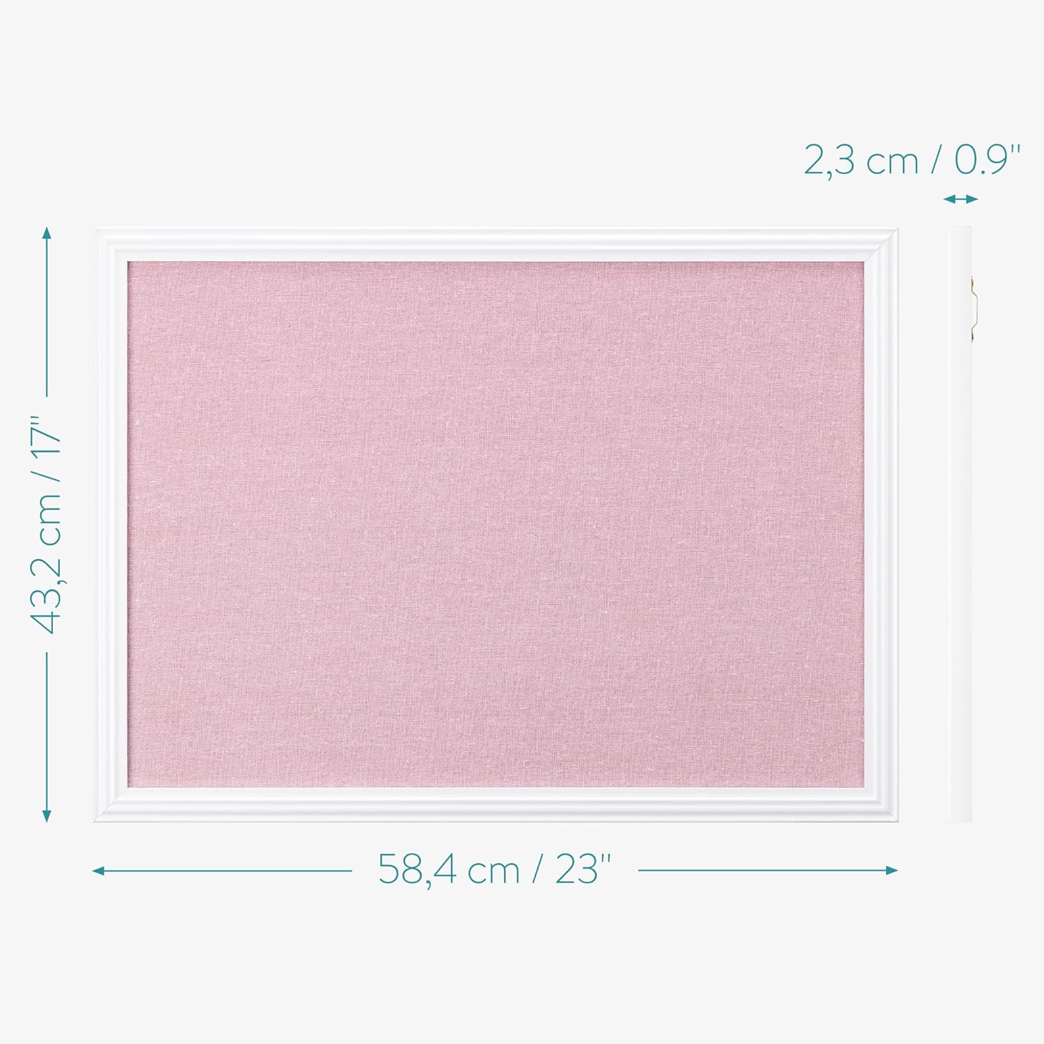 Navaris Framed Linen Bulletin Board - 17 x 23 inches Fabric Jewelry Organizer Pinboard for Wall Memory Memo Pin Board - Pink Linen with White Frame