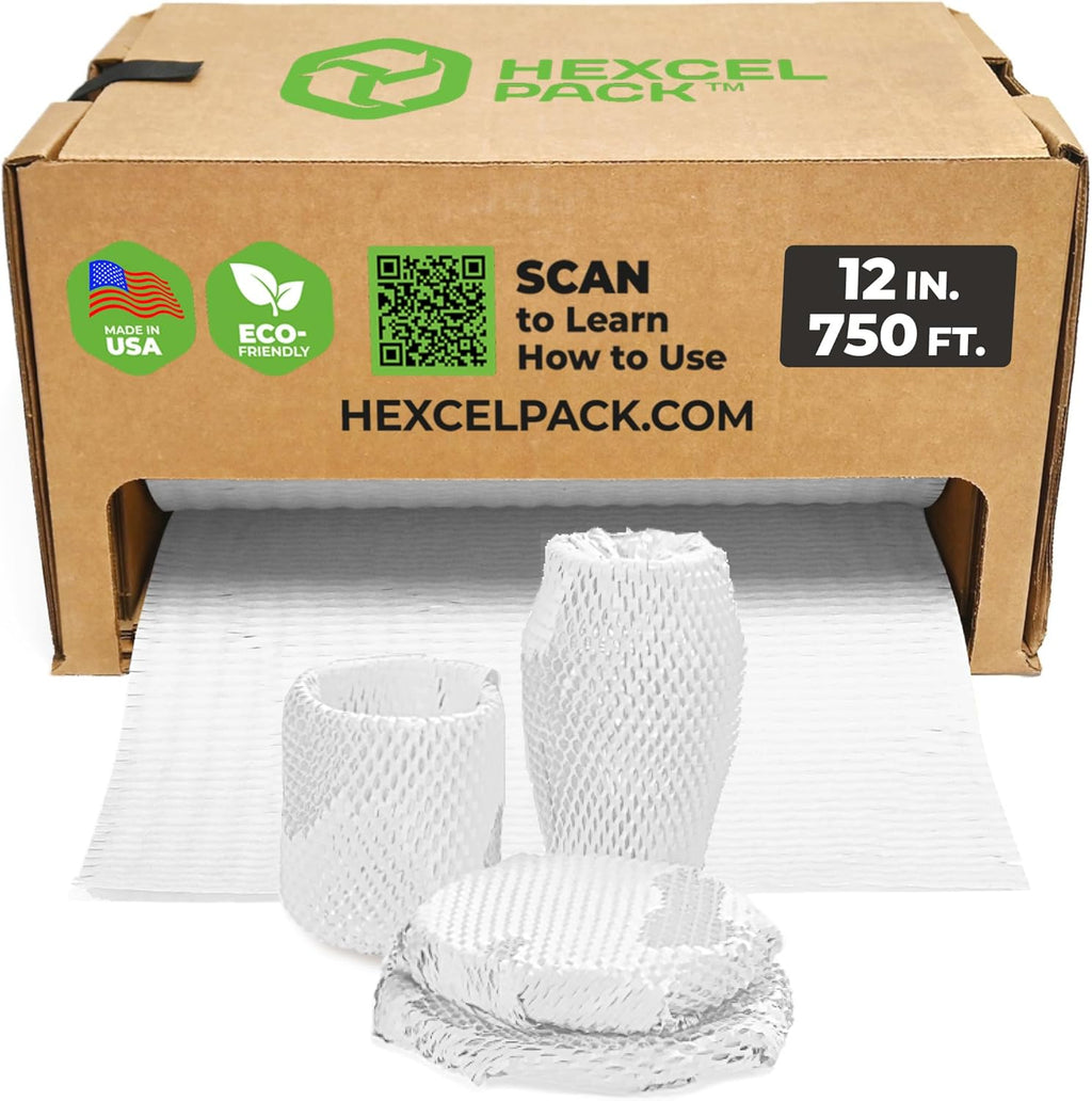 HexcelWrap Mini - Honeycomb Packing Paper, Eco-Friendly, Sustainable Paper Bubble Wrap for Shipping & Moving, Cushioned Packing Material in Dispenser - White, Pallet of 40, 12" x 750'