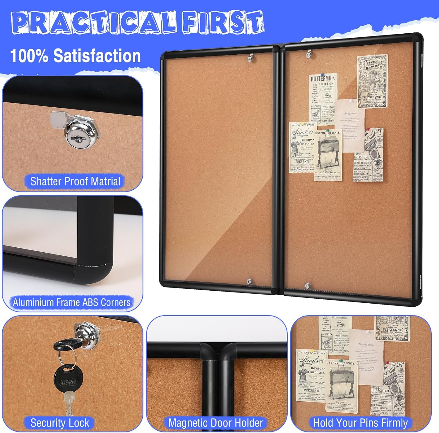 Enclosed Bulletin Board 48" x 36" Weather Resistant Lockable Notice Cork Display Board Wall Mounted 2 Locking Door for School Classroom Commercial Back to School, 12 x A4(Brown, Black Frame)