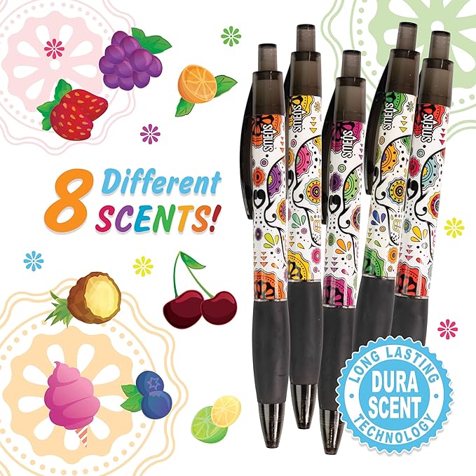 Sugar Skull Smens - Patented Gourmet Scented Pens, Black Ink, Medium Point - 8 Count