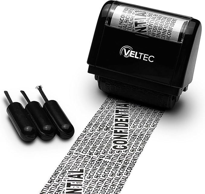 Veltec ID Protector Ink Roller - Identity Theft Protection Roller Stamp Set (Black, Stamp+3 Refills)