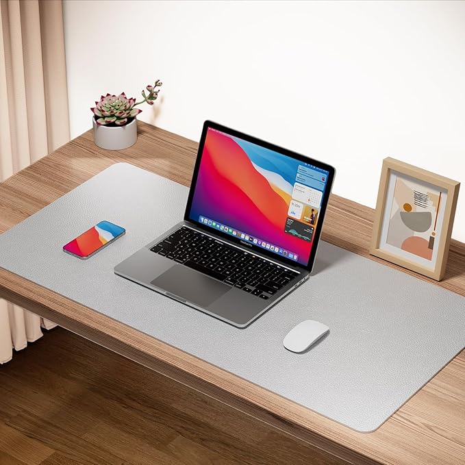 ‎Boutilon Leather Desk Pad 35"x 17" Non-Slip Mouse Pad,Office Desk Mat,Waterprooft PU Leather Desk Blotter,Desk Pad Protector,Desk Writing Pad for Home Office Decor (L-Silver,35"x 17")