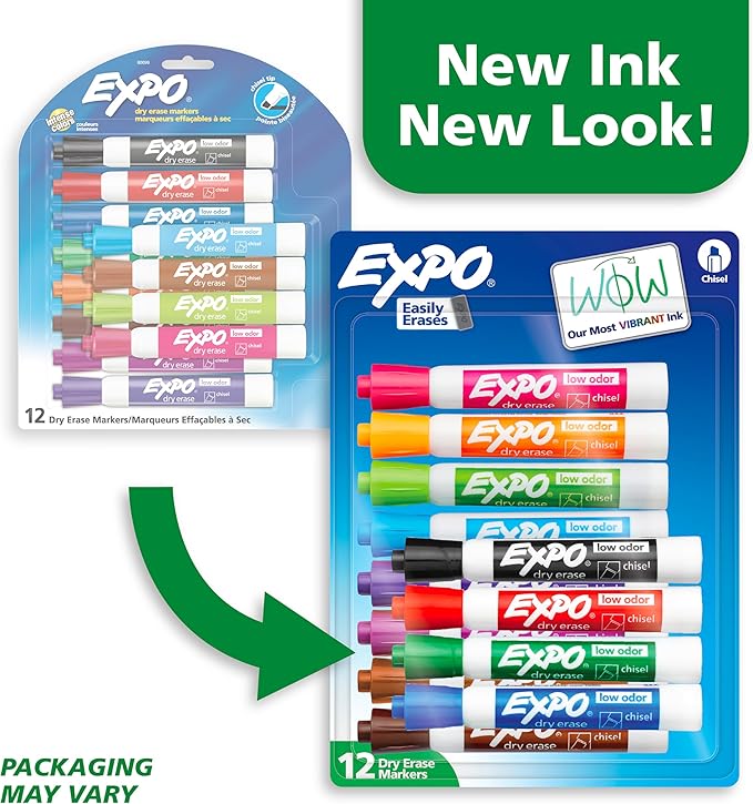 EXPO Low Odor Dry Erase Markers, Chisel Tip, Assorted Colors, 12 Count