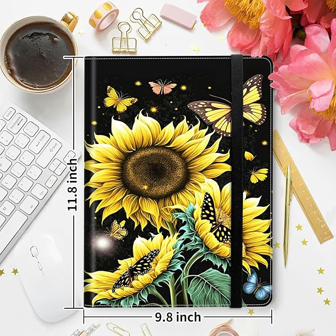 Padfolio Folder with Clipboard,Portfolios Organizer Clipboards with Storage Clipboard Writing Pad PU Leather Conference Document Organizer with Business Card Holder,Sunflower Butterfly