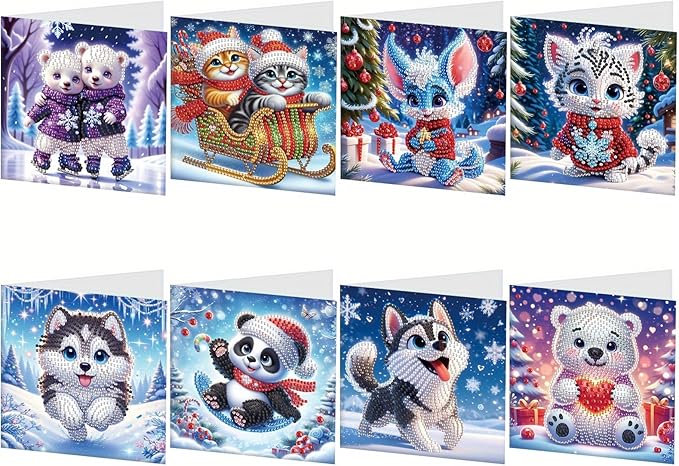 Tontut 8pcs Diamond Art Painting Greeting Card, Bear, Dog, Cat Animals 5D DIY Special Shape Diamond Painting Christmas Birthday Greeting Card Creative Gifts