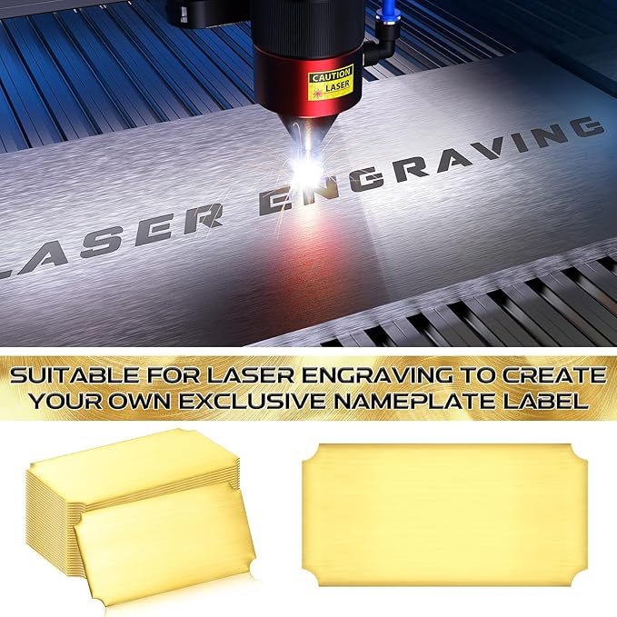 Therwen 30 Pcs Name Plates Laser Engraved Brushed Stainless Steel Plate Personalized Plaque Blank Custom Name Tag Frame Label with Adhesive Backing(Gold Notched Corner,4''x 2'')