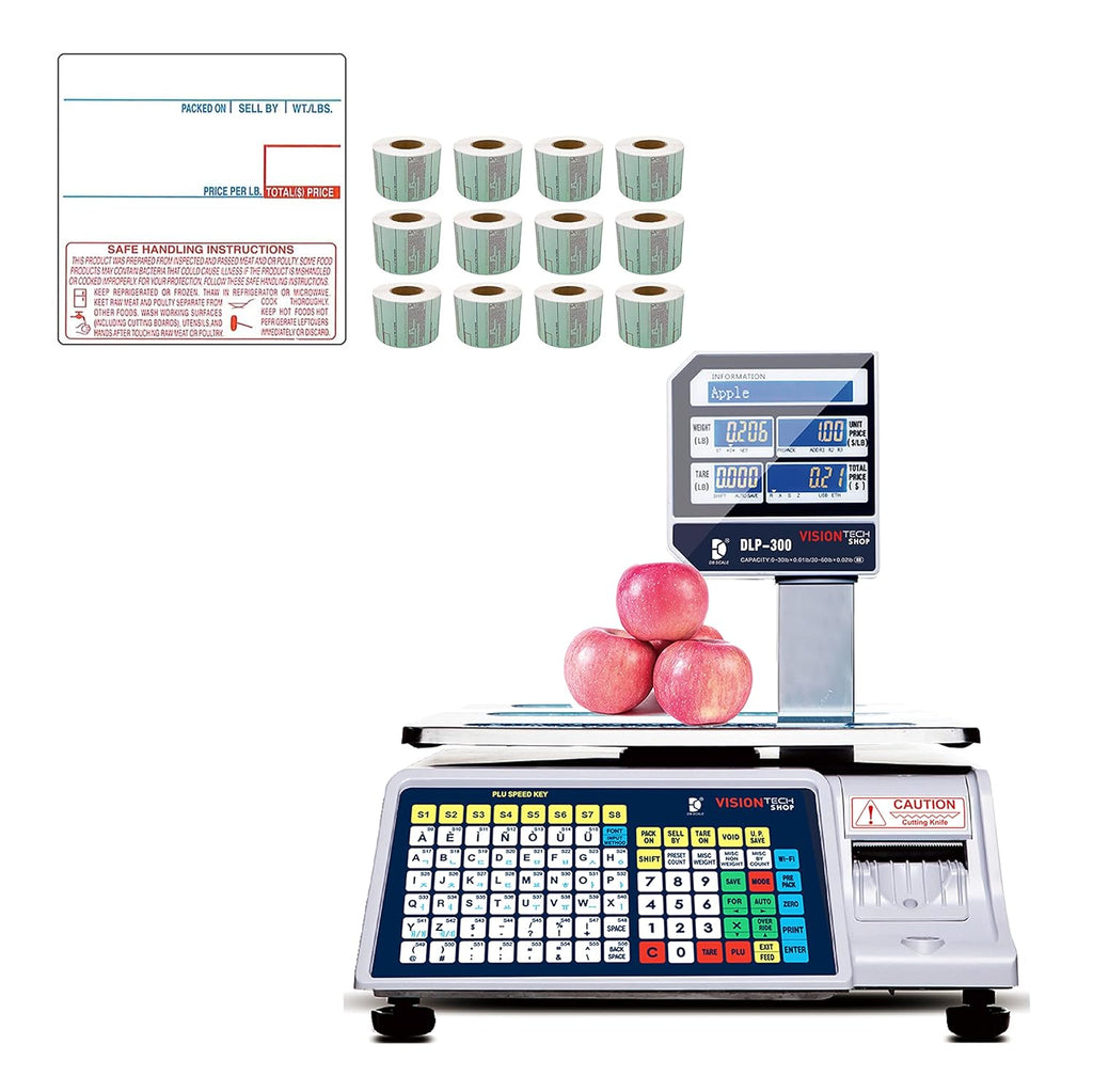 VisionTechShop DLP-300 Label Printing Scale Pole Display, 30/60lbs Capacity, 0.01/0.02lbs, NTEP Legal for Trade with a Free 1 case CAS LST-8040 UPC/Safe Handling Label, 58 x 60 mm