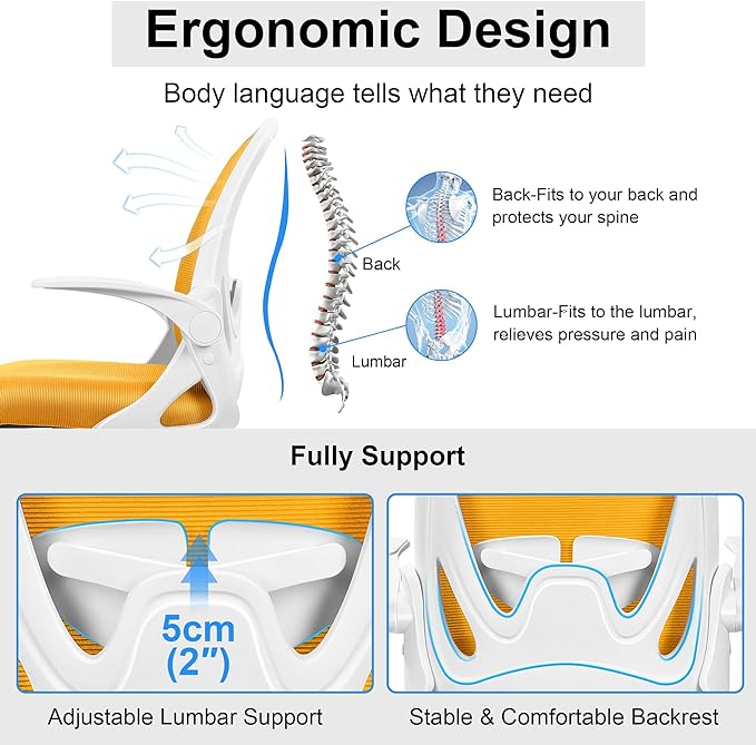 Primy Drafting Chair Tall Office Chair with Flip-up Armrests Executive Ergonomic Computer Standing Desk Chair with Lumbar Support and Adjustable Footrest Ring（Yellow）