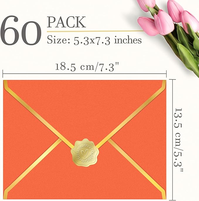 60 Pack 5x7 Envelopes for Invitations,A7 Business Envelopes Letter Size 250g Shimmer Cardstock with Gold Foil V Flap & Sealer,Security Envelopes for Gift Card,Wedding,Baby Shower(Orange)
