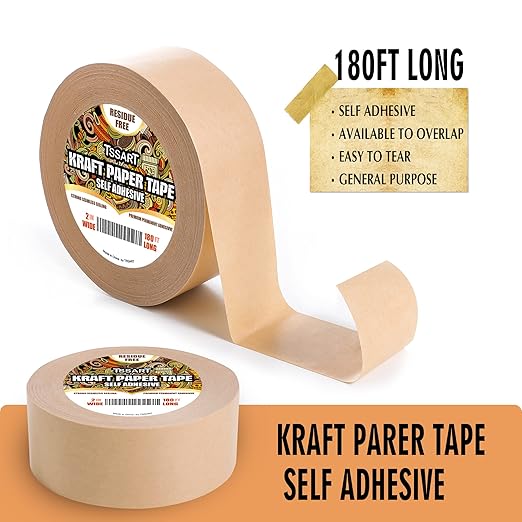 Kraft Paper Tape K49- Self Adhesive Brown Frame Backing Tape Packing Tape with Oxidation Resistance for Picture Framing, Masking, Sealing and Packaging Use - 2inch Wide 180FT Long