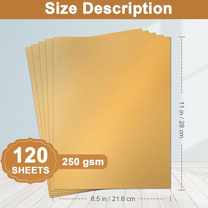 120 Sheets Shimmer Gold Cardstock 8.5 x 11 Metallic Paper, 250gsm/92lb Thick Paper Card Stock for Birthday Decorations, DIY Cards Making, Greeting Cards, Wedding Invitations, School Crafting