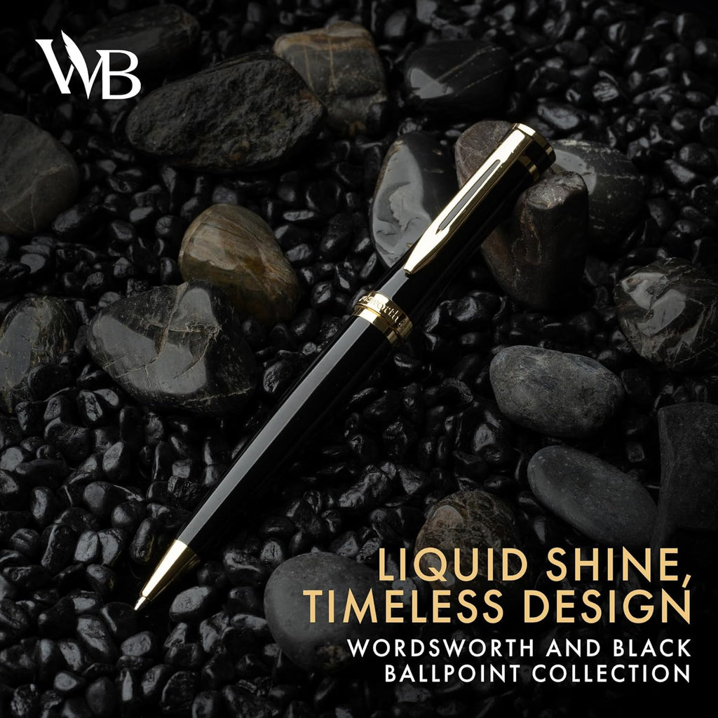 Wordsworth and Black Luxury Ballpoint Pen Set - Black Lacquer 24K Gold Finish, Refillable Fine Point, Elegant Gift for Men & Women, Includes Ink Refill, Nice Pens for Work