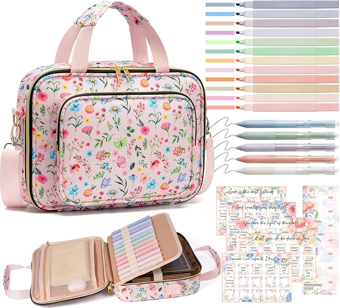 Bible Cover for Women Bible Case, Large Bible Bag w/Shoulder Strap, Bible Study Supplies Bible Journaling Kit Pink Book Carrying Case with Bible Highlighters, Christmas Christian Gifts for Women Lady