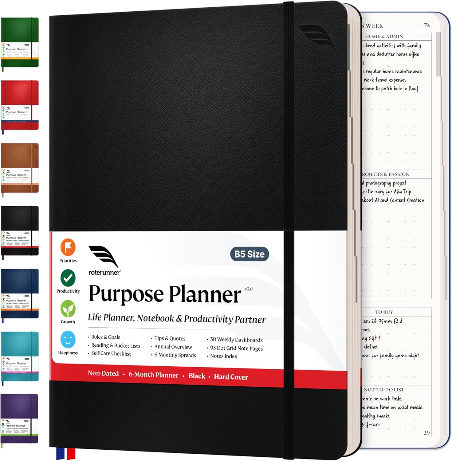 Purpose Planner Notebook B5 7.5”x9.8” Undated 2025 Daily Weekly and Monthly Productivity Goal Setting Tool for Work Home ADHD for Adults Self Care Journal