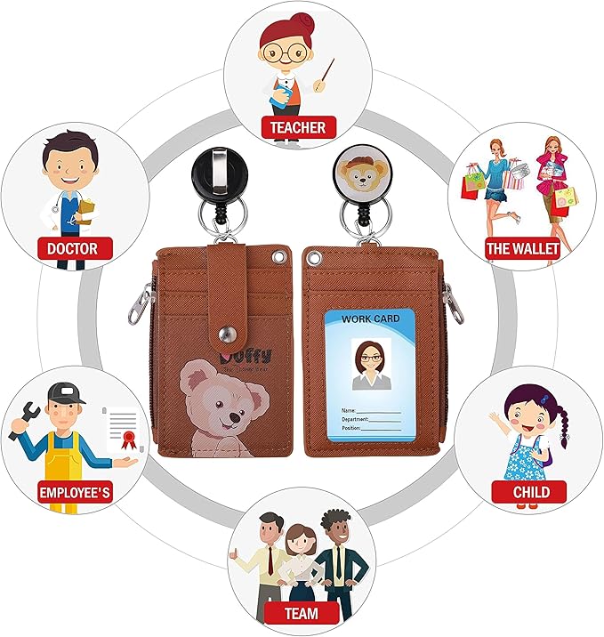 Cute ID Badge Holder Retractable Lanyard Reel Clip with Heavy Duty Carabiner, 5 Card Slots in 2 Sided with Key Ring and Zipper for Women Students Teens Girls Office Staff (Brown Duffy)