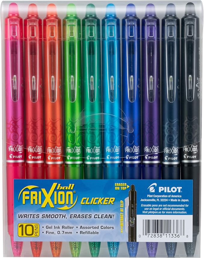 Pilot, FriXion Clicker Erasable Gel Pens, Fine Point 0.7 mm, Pack of 10, Assorted Colors