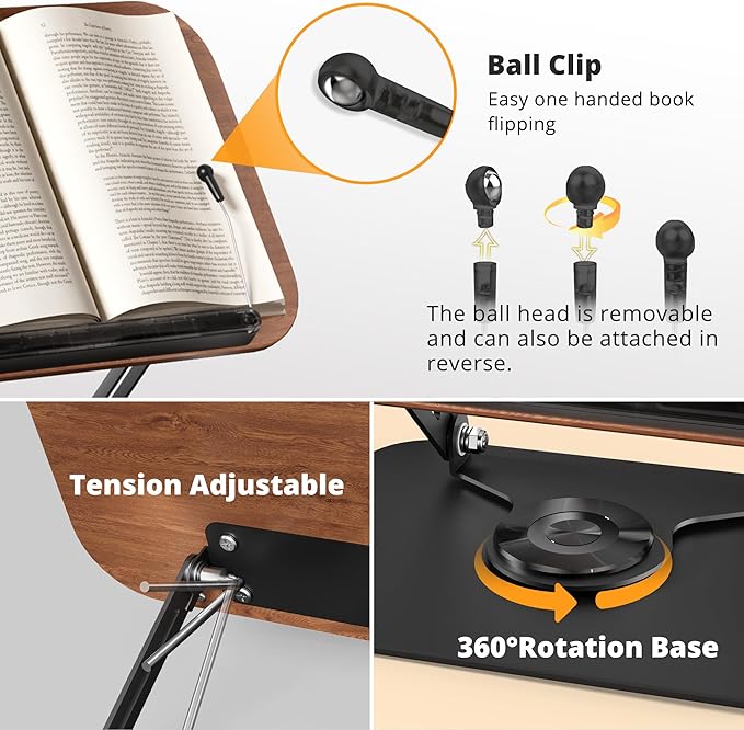 Book Stand for Reading, Adjustable Book Holder with 360° Rotating Bases, Foldable Designs, and Elastic Clips, Multifunctional Display Stand for Recipe, Cookbooks, Magazines, Tablets, Laptops