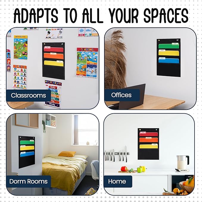 3 Pocket File Pocket Chart, Black, 14" Wide x 19.5" Tall - Versatile Wall Hanging File Folder Organizer for Classroom, Office, Home, and More - Wall Folder Organizer - 3 Pockets