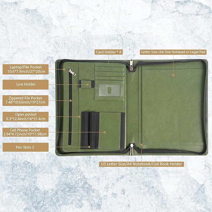 Personalized Leather Portfolio with Zipper, Professional Business Padfolio with A4/US Letter Writing Pad holder, Folio for Men and Women, Green