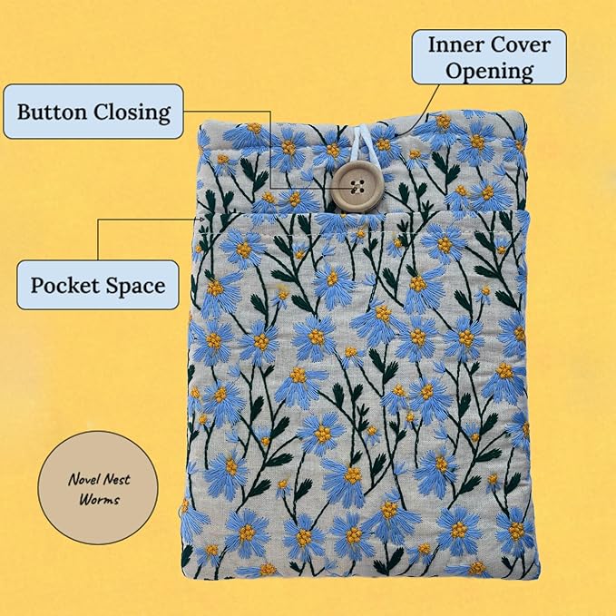 Embroidered Blue Daisy Book Sleeve. Book Cover/Protector
