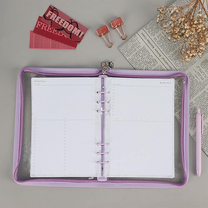 Multibey A5 Binder Cover Clear Soft PVC 6-Ring Binder Budget Cash Evelopes System with Zipper Planner Organizer Refillable Notebook Journal Binder (Purple, A5)