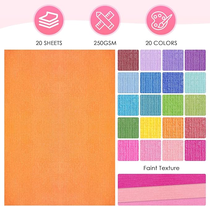 20 Sheets Rainbow Colorful Cardstock Textured Assorted Colored Paper 250 gsm Single-Sided Printed Thick Card Stock for Card Making, Scrapbooking