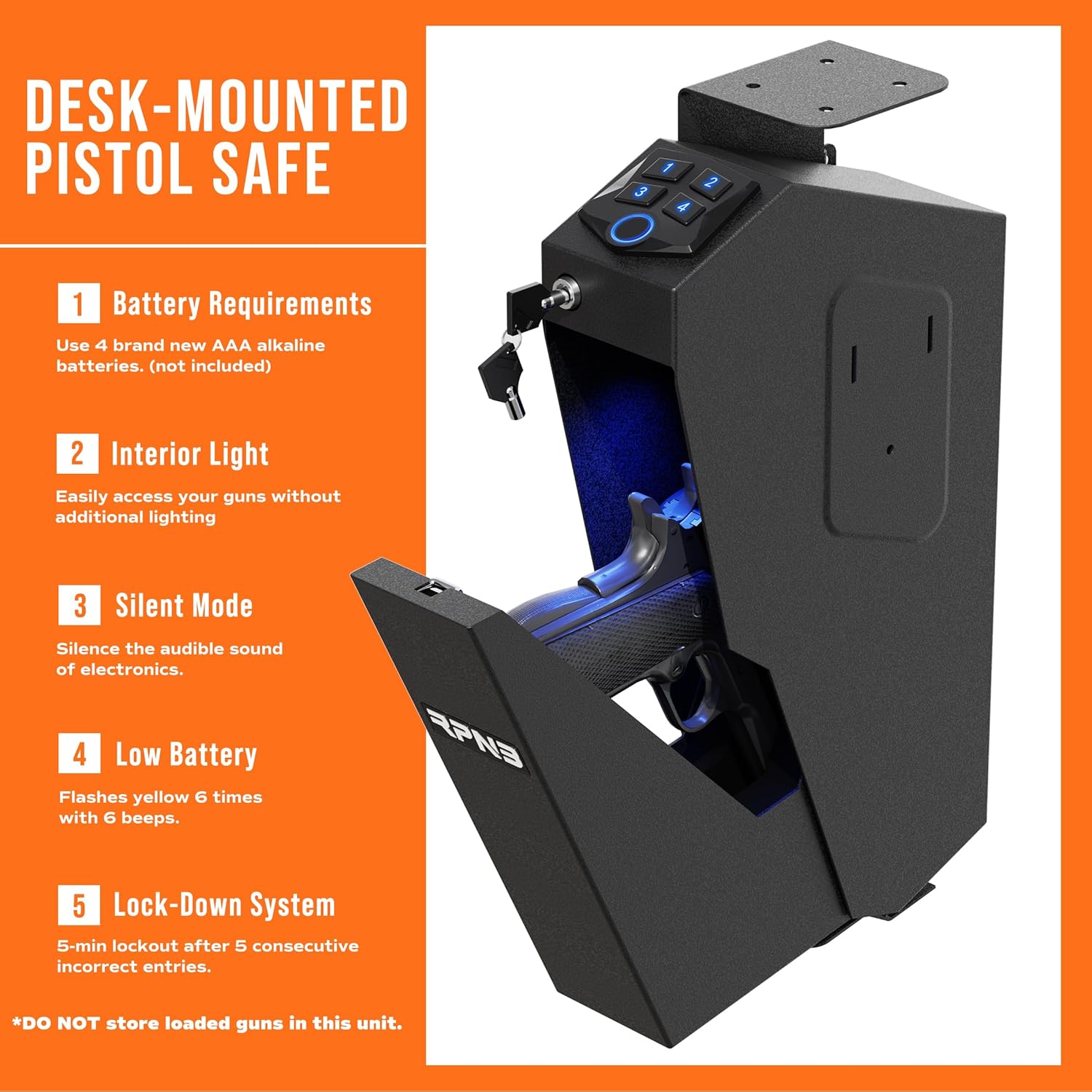 RPNB Mounted Gun Safe,California DOJ Certified Handgun Safe, Auto Open Lid Smart Pistol Safe with Biometric Fingerprint or Keypad Lock