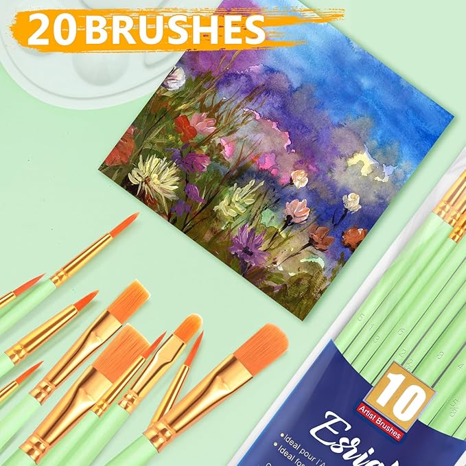 ESRICH Paint Brushes Set,2 Packs 20 Pcs Acrylic Paint Brush Set,St. Patrick's Party Acrylic Oil Watercolor, Face Nail Art, Miniature Detailing,Rock Painting,Painting Artist Professional Kits,Green
