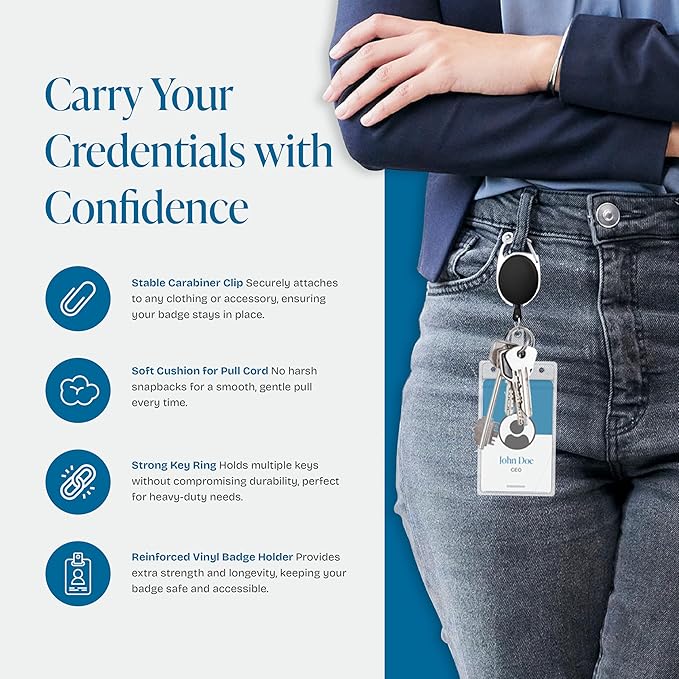 Will Well ID Badge Holders with Clip and Keyring - Vertical Clear Plastic 3.58" x 2.52" Sleeves Fit Up to 3 Cards - Retractable 24" UHMWPE Fiber Pull Cords for Easy Access - 5-Pack, Black Reels