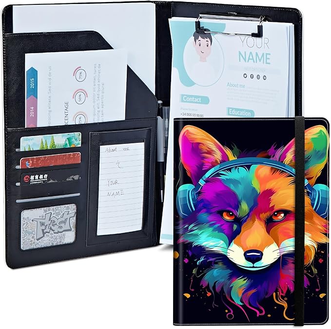 Fox Wearing Headphones Padfolio Folder with Clipboard,Portfolios Organizer Clipboards with Storage Clipboard Writing Pad PU Leather Conference Document Organizer with Business Card Holder