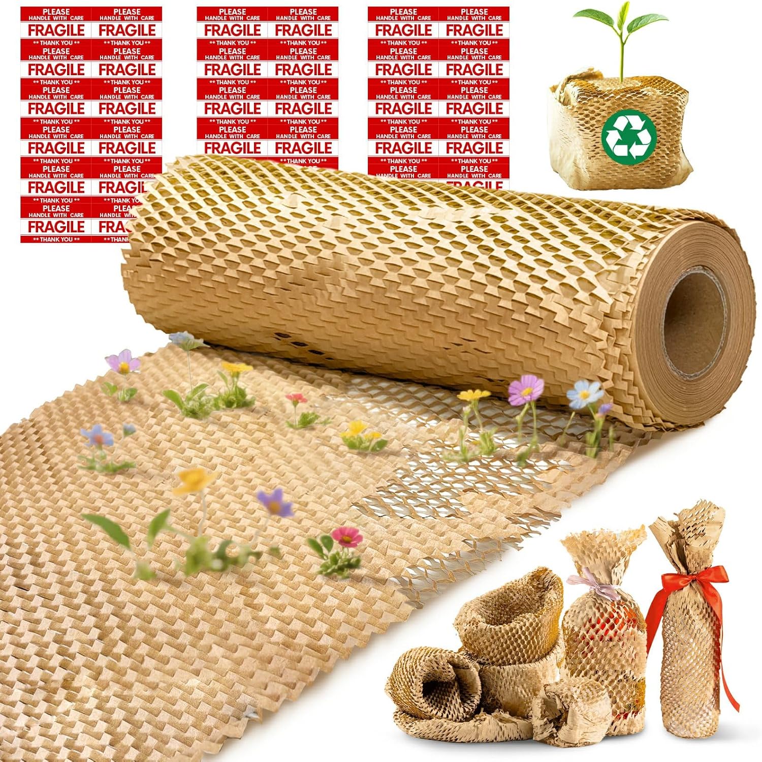 Honeycomb Packing Paper, 12"x300' Brown | Perforated Honeycomb Packing Paper Recyclable Moving Supplies for Shipping & Moving | Plastic-Free Alternative to Bubble Cushion Wrap with 36 Fragile Stickers