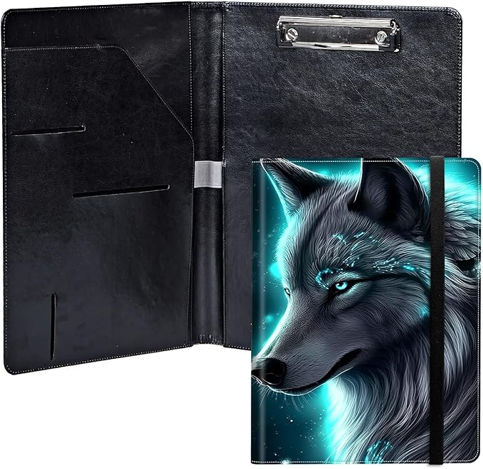 Wolf PU Leather Padfolio Clipboard Notepad with Pen Loop and Elastic Strap Interview/Resume Document Organizer for Business School Office