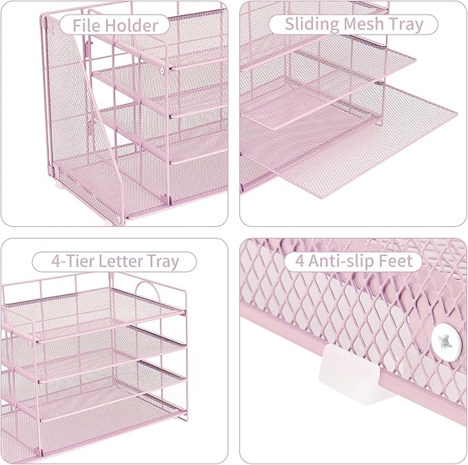 OPNCIE Desk Organizers and Accessories, 4 Tier Paper Letter Tray File Organizer, Office Organization Storage Desk Accessories Workspace Desktop Organizer for Classroom Office Supplies Decor, Pink