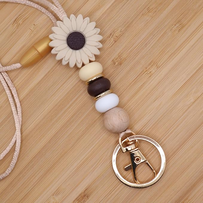 Flower Teacher Lanyards ID Badge and Key Chain, Cute Silicone Beads Lanyard for Women Nurse Work Student (Mocha)