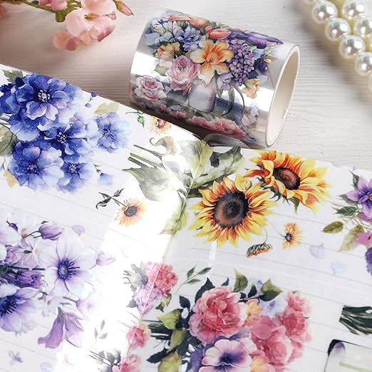 Journaling Scrapbook PET Tapes - Floral Scrapbooking Junk Journal Supplies, Flower Decorative Tapes for Art Crafts, Aesthetic Washi Tapes Scrapbooking Supplies, Floral Journaling Tapes