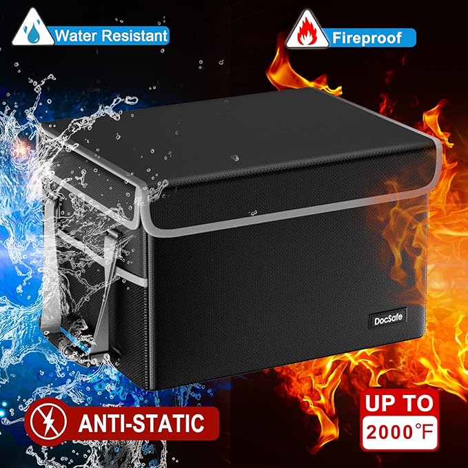 DocSafe File Box Fireproof File Storage Organizer Box with Lid,Collapsible Document Storage Filing Box for Hanging Letter/Legal Folder,Portable Home Office Safe Box Bin Cabinet with Handle,Black