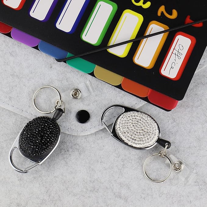 VIQWYIC 2 Pack Retractable ID Badge Holder with Clip, ID Name Badge Reels with Bling Rhinestones Retractable Card Holder for Office Worker Teacher Doctor Nurse(Black&Silver)