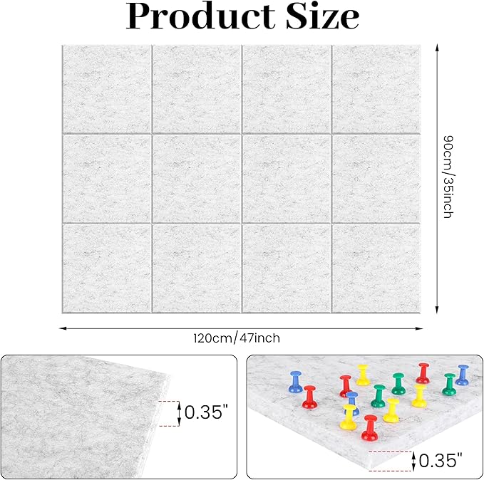 Large Cork Board for Office White Grey Felt Board Alternative-12 Pack Felt Wall Tiles for Office Wall Decor,Felt Bulletin Board Tiles,Push pin Board Wall Organizer for Office