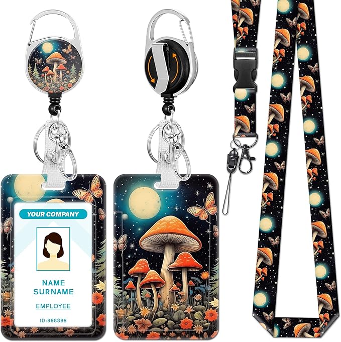 Lanyards for Id Badges, Mushroom Badge Holder with Retractable Reel Clip, Cute Work Name Tags Keychain Lanyard ID Card Protector Cover Case for Women Teacher Nurse Nursing Doctor Office