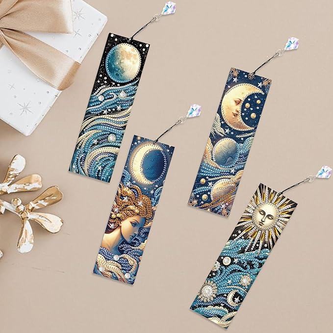 4-Piece Diamond Painting Bookmarks Set for Adults – Sun, Moon, and Waves Design DIY 5D Rhinestone Diamond Art Bookmark Kits with Tassels, Beautiful Diamond Art Bookmarks for Crafts Gifts