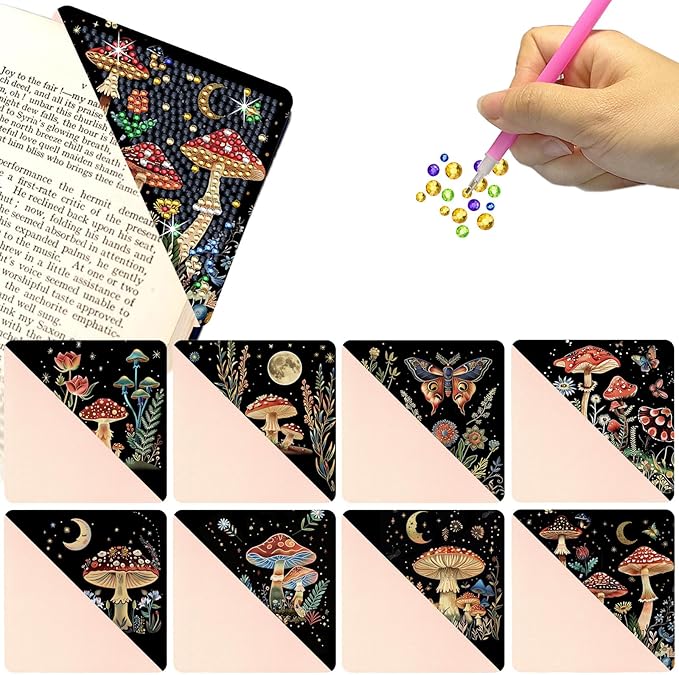 Diamond Art Painting Bookmarks,8Pcs DIY Cute Diamond Art Kits for Adults, Corner Bookmarks Small Crafts Kit for Women Book Lovers (Mushroom)