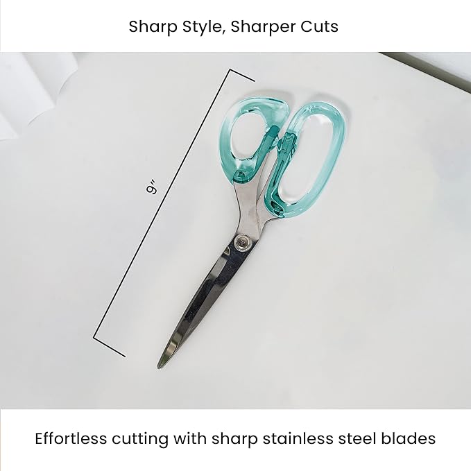 OfficeGoods 9” Stainless Steel Acrylic Scissors for Office and Home - Aesthetic and Sharp All Purpose Scissors, Perfect for Sewing, Arts and Crafts - Green Silver Metal