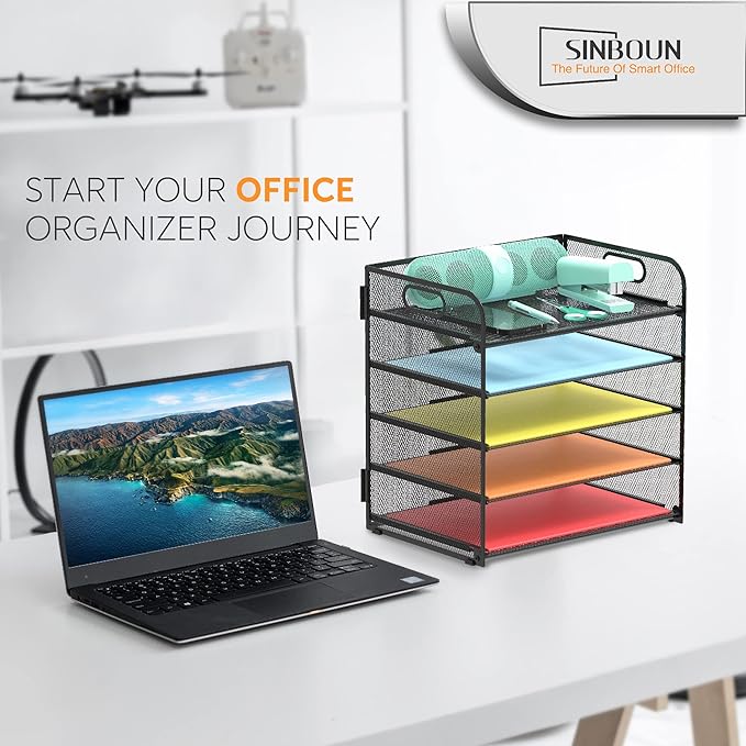 2 Pack Letter Tray Paper Organizer 5-Tier Desk Organizer File Organizer Paper Holder with Handle, Metal Desktop Document Shelf Tray Office Classroom Organization - Black