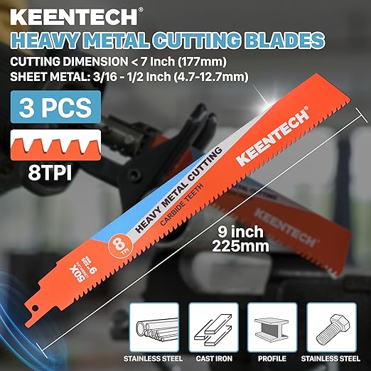 KEENTECH Carbide Sawzall Blades for Hard & Heavy Metal Cutting, 9 Inch 8 TPI, Heavy Duty Reciprocating Saw Blade with High Cutting Speed For Thick Metal, Cast Iron, Alloy Bolt, Stainless Steel, 3 Pack